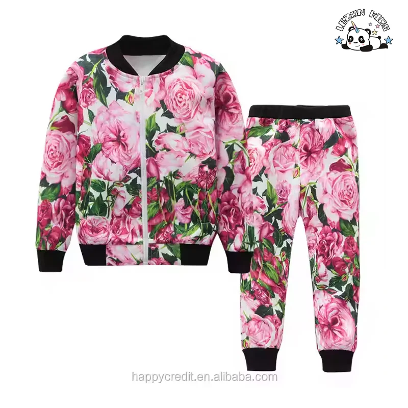 LEZONKIDS - Conjuntos de moletom para crianças no atacado com design de moda fofo, calças bomber com zíper personalizado, impressão digital de flores, roupas infantis
